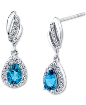 image of Blue Topaz (1 ct. t.w.) & Diamond (1/3 ct. t.w.) Teardrop Halo Drop Earrings in 14k White Gold