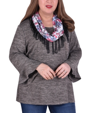 Ny Collection Women's Plus Size Bell Sleeve Tunic with Scarf