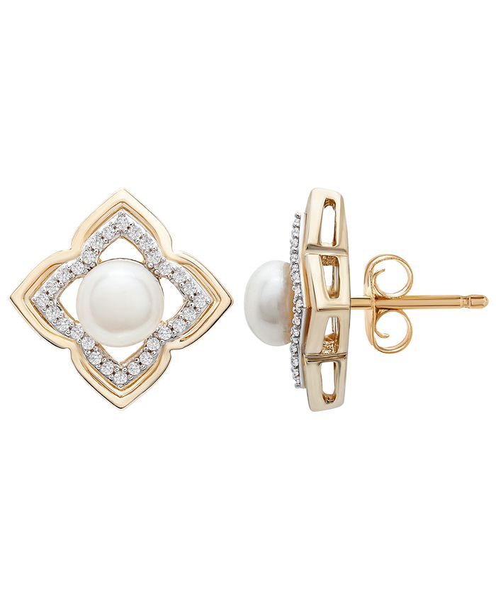 Macy's - Cultured Freshwater Pearl (5mm) and Diamond (1/6 ct. t.w.) Clover Earrings in 14k Yellow Gold