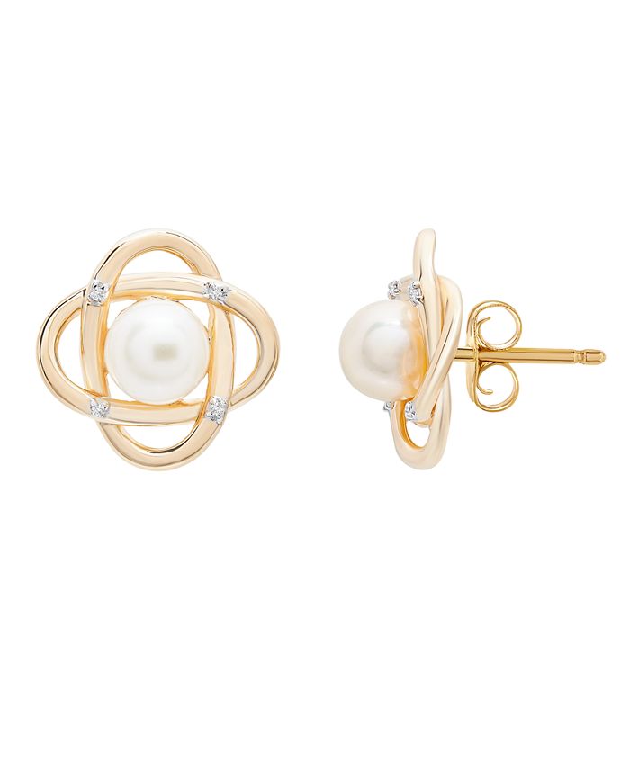 Macy's - Cultured Freshwater Pearl  (6mm) and Diamond Accent Earrings in 14k Yellow Gold