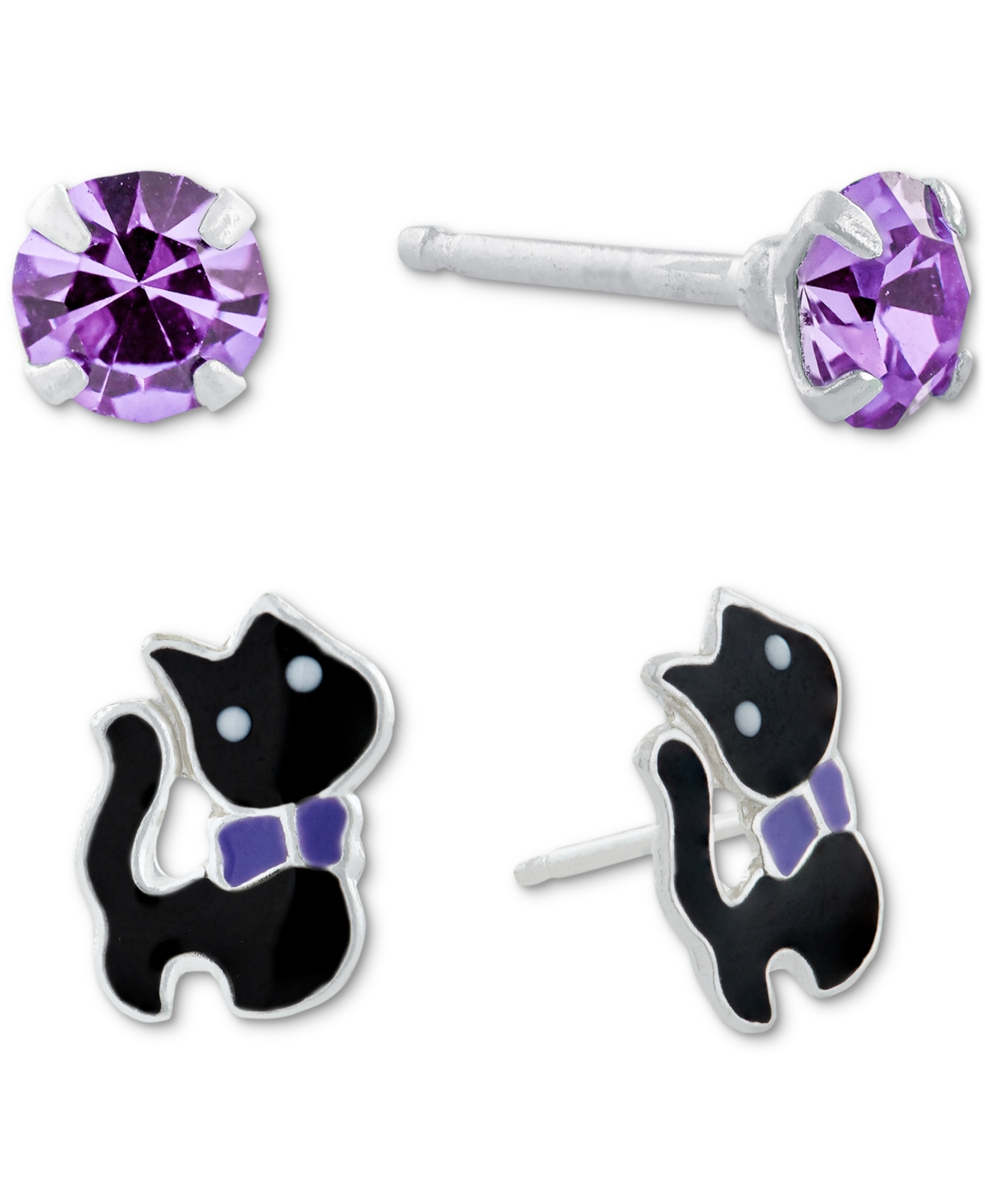 2-Pc. Set Crystal Solitaire & Enamel Cat Stud Earrings in Sterling Silver, Created for Macy's - Black/white