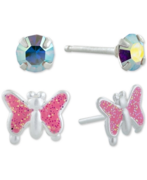 Giani Bernini 2-pc. Set Crystal Solitaire & Glitter Butterfly Stud Earrings In Sterling Silver, Created For Macy's In Multi