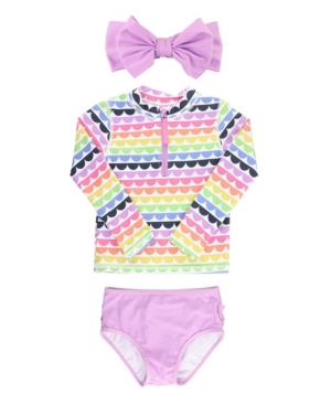 RuffleButts Baby Girls Ruffled 2-Piece Rash Guard Swim Bow Headband Set