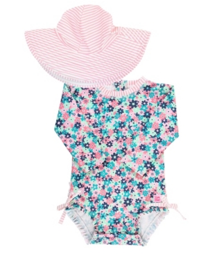 RuffleButts Baby Girls Ruffled 1-Piece Rash Guard Swim Hat Set