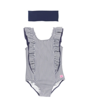RuffleButts Baby Girls Ruffle Stripe 1-Piece Swim Headband Set