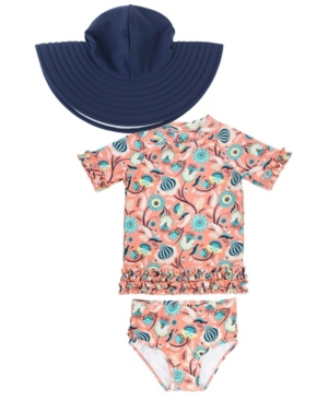 RuffleButts Baby Girls Ruffled Rash Guard Bikini Swim Hat Set