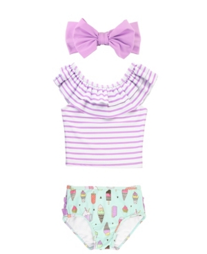 RuffleButts Baby Girls Striped Tankini Swim Bow Headband Set