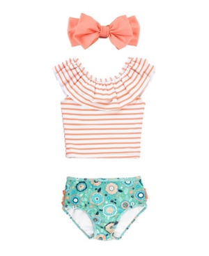 RuffleButts Baby Girls Striped Tankini Swim Bow Headband Set