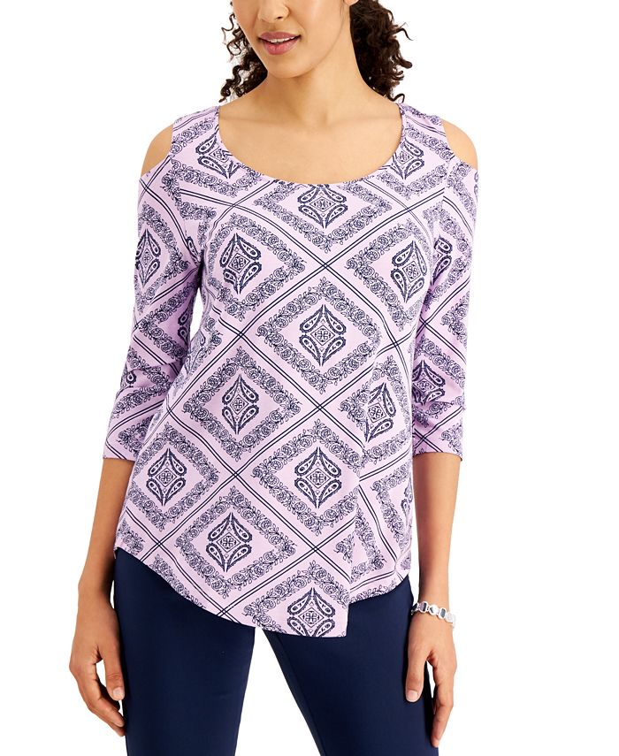 JM Collection Women's Cold Shoulder Printed Top Blue Size X-Small