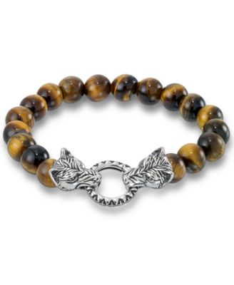 Andrew Charles by Andy Hilfiger Men's Tiger's Eye Bead Wolf Head Stretch Bracelet in Stainless Steel (Also in Onyx & White Agate) - Tiger's Eye
