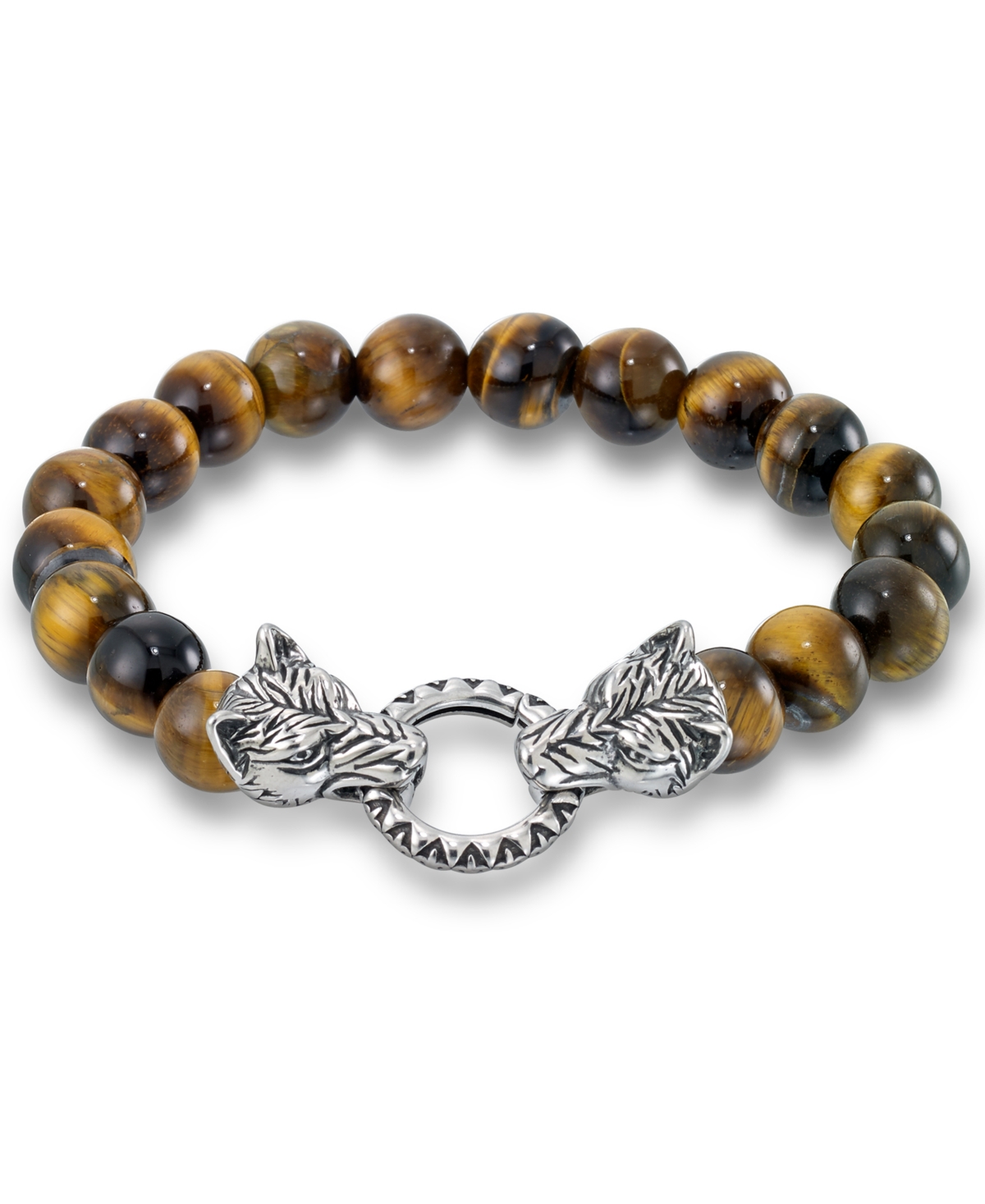 Men's Tiger's Eye Bead Wolf Head Stretch Bracelet in Stainless Steel (Also in Onyx & White Agate) - White Agate