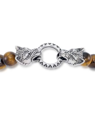 Men's Tiger's Eye Bead Wolf Head Stretch Bracelet in Stainless Steel (Also in Onyx & White Agate)