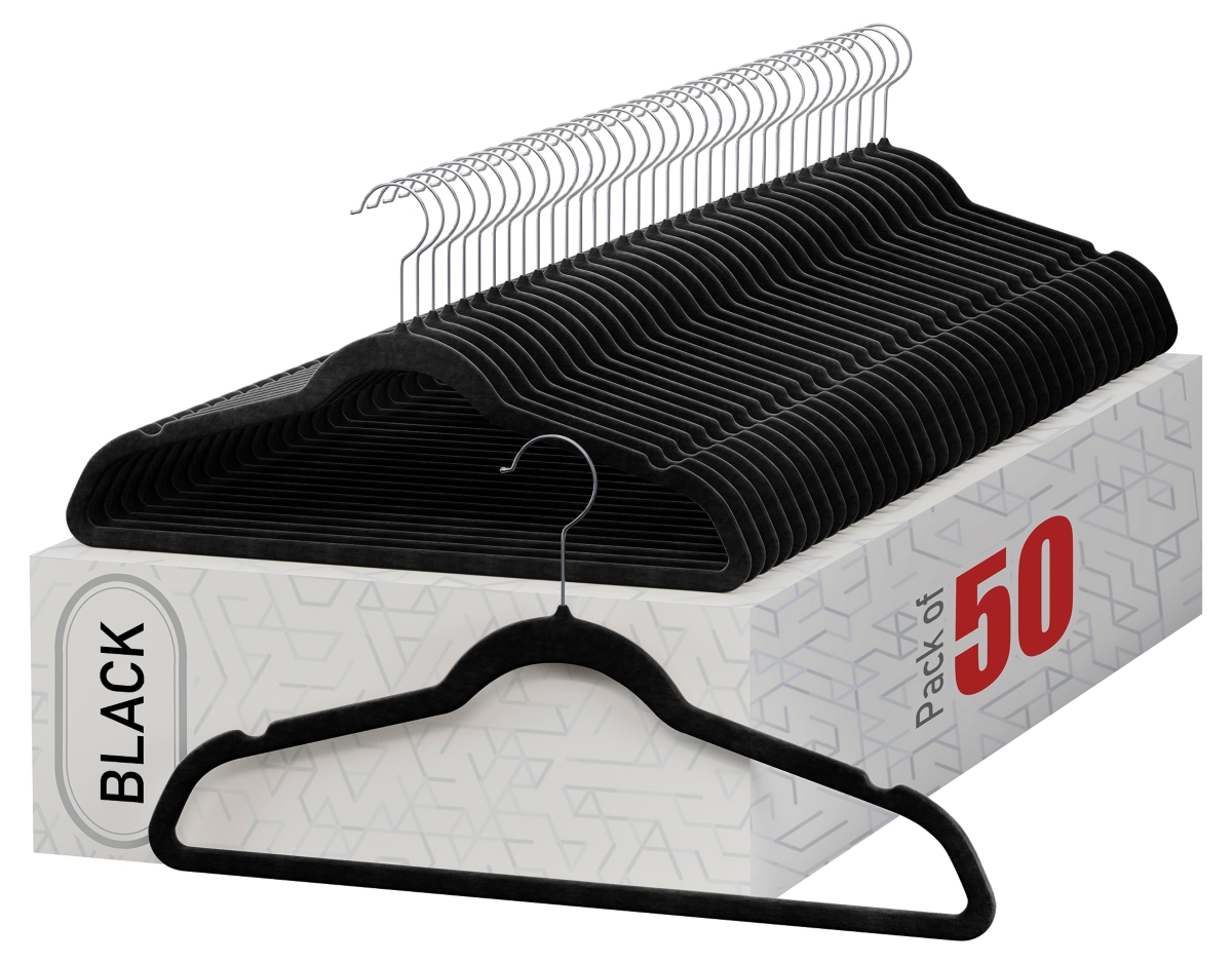 50-pack Velvet Hanger Ultra-Thin - 360 Degree Swivel Hook Black Hangers with Clips - Non-slip Hangers for Skirts and Pants Hangers - Black