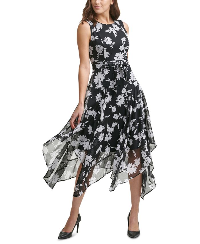 Calvin Klein Floral-Print Chiffon Handkerchief-Hem Midi Dress & Reviews -  Dresses - Women - Macy's