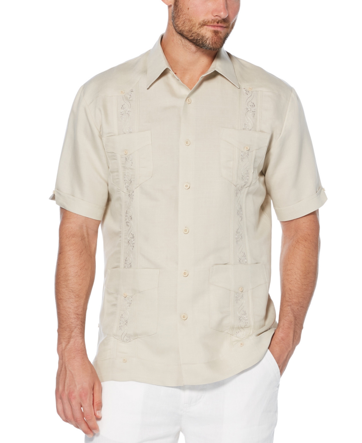 Short-Sleeve Embroidered Guayabera Shirt - Natural Linen