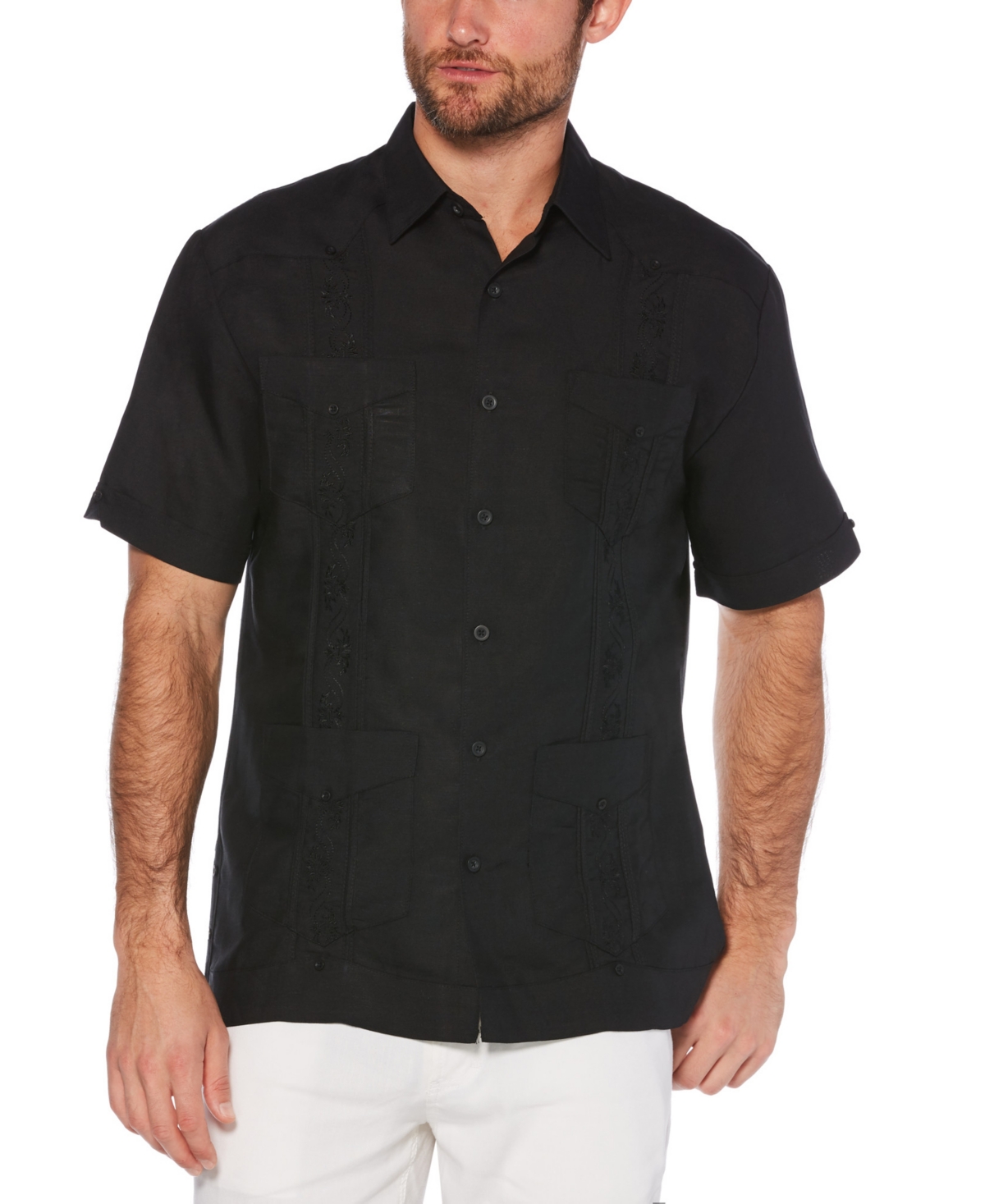 Short-Sleeve Embroidered Guayabera Shirt - Natural Linen