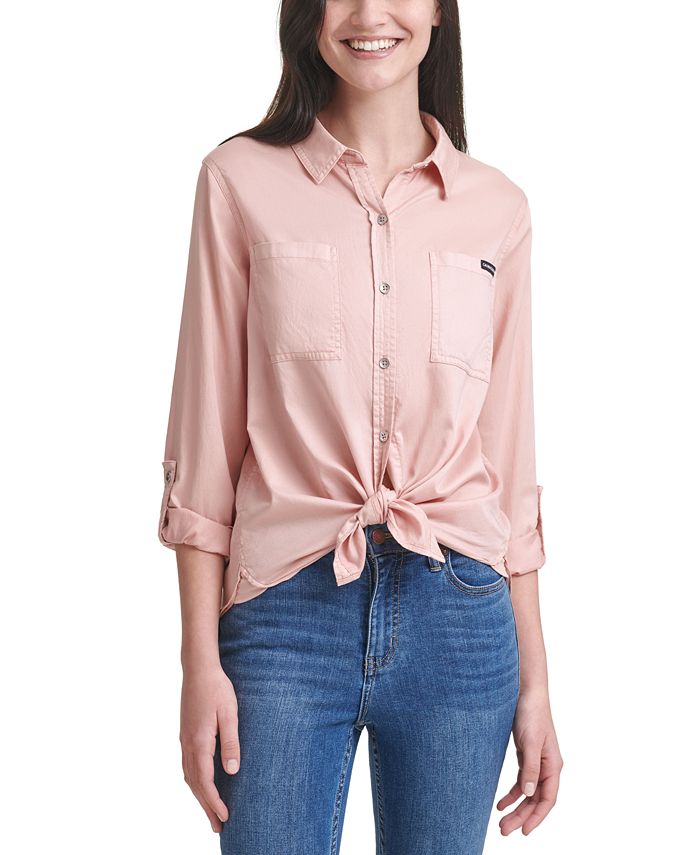 Calvin Klein Jeans Button-Front Roll-Tab-Sleeve Top & Reviews - Tops -  Juniors - Macy's