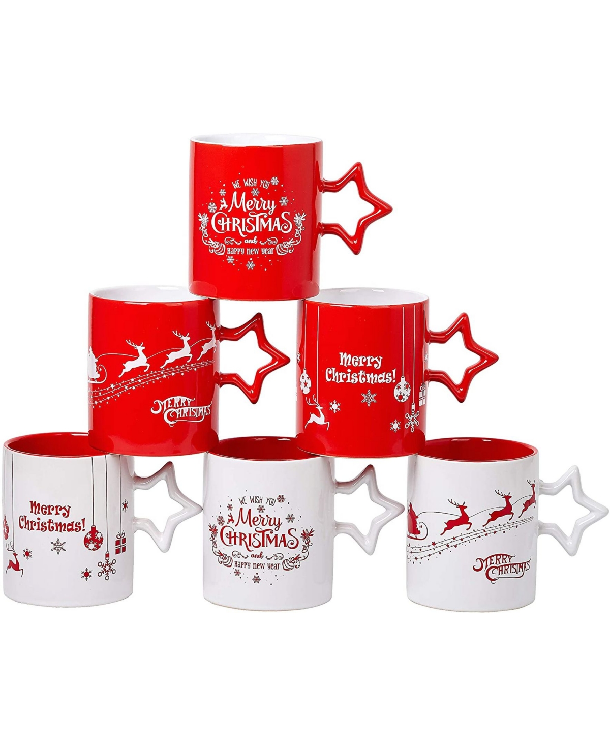Bruntmor | Coffee Mug Set Set Of 6 Large-Sized 14 Ounce Christmas Theme Ceramic