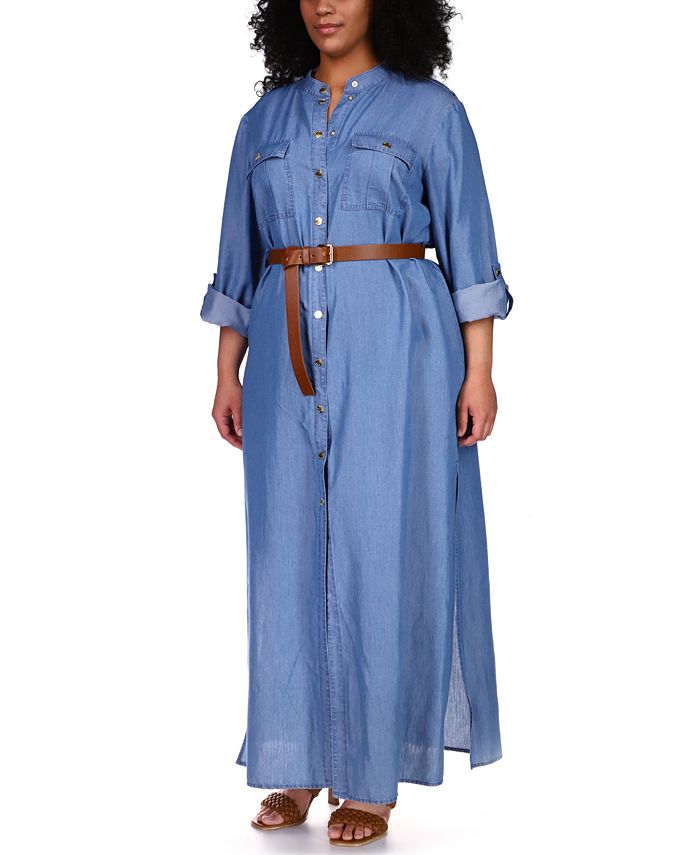 Michael Kors Plus Size Belted Maxi Shirt Dress - Macy's