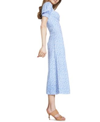 Bardot Puff-Sleeve High-Slit Midi Dress