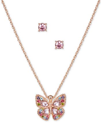 Charter Club - Rose Gold-Tone Multicolor Crystal Butterfly Pendant Necklace & Stud Earrings Set