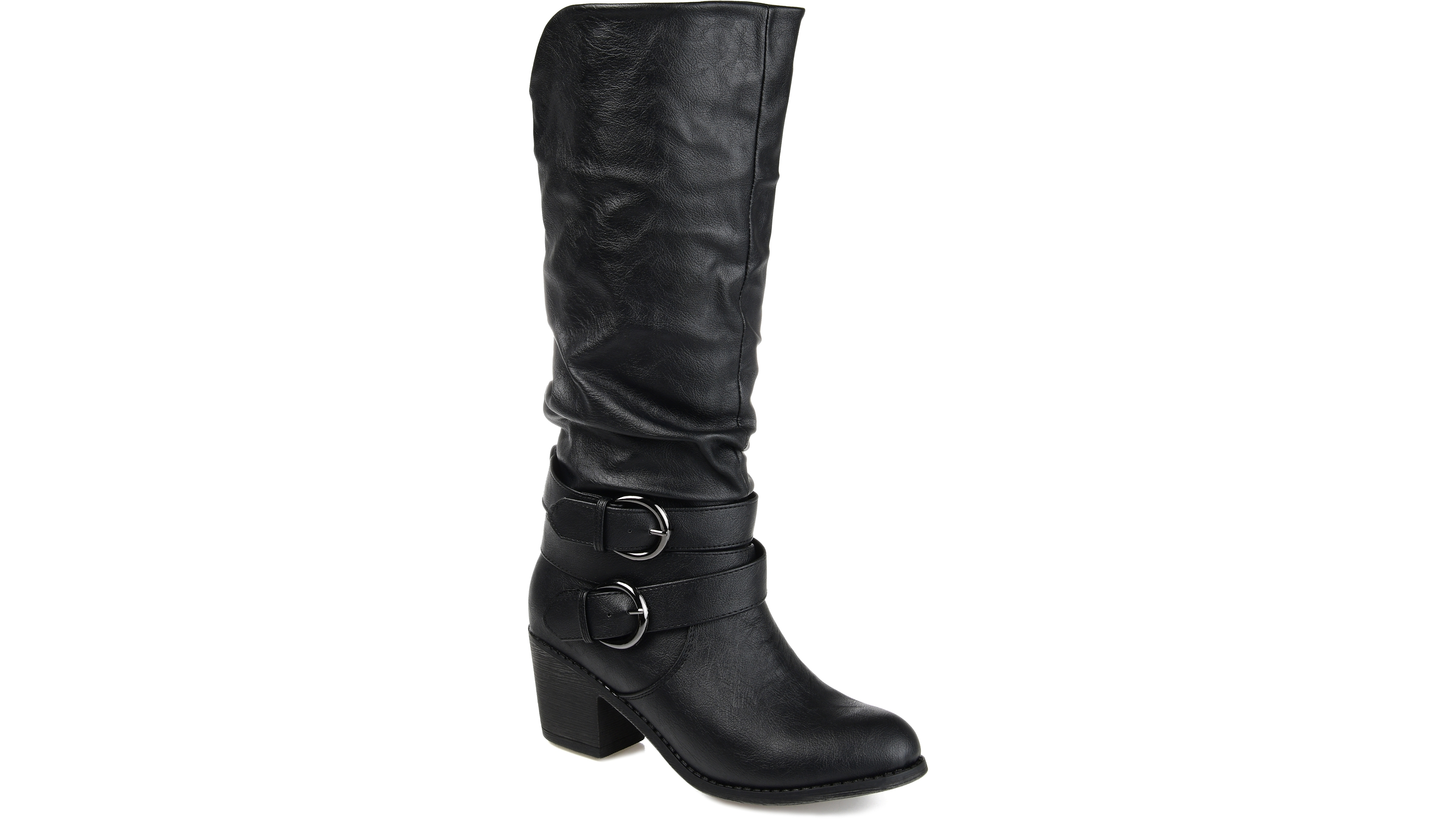 Journee Collection Women's Late Wide Calf Rouched Buckle Mid Shaft Block Heel Boots