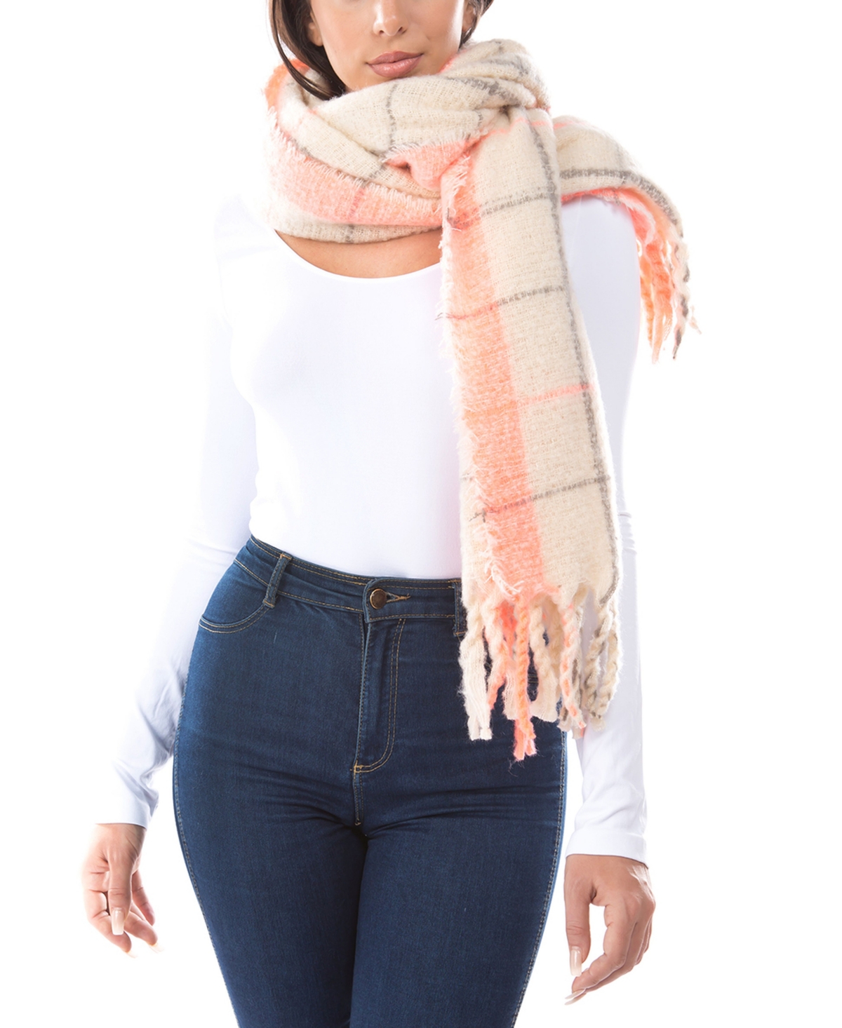 Women's Neon Pop Plaid Blanket Scarf with Fringe - Pink