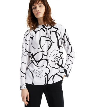 Alfani Printed Gathered Mock-neck Top, Created For Macy's In Black Bloom Outline