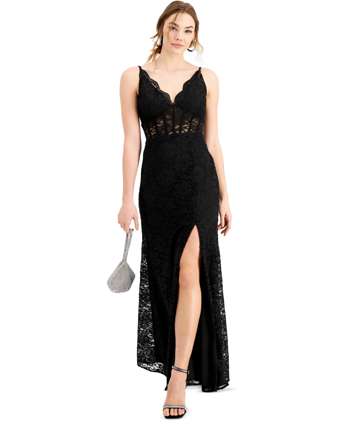 Shop Morgan & Company Juniors' Glitter Scallop Lace Corset Gown In Black