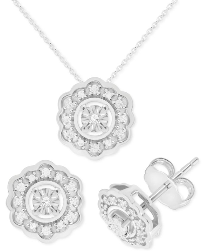 2-Pc. Set Diamond Flower Pendant Necklace & Matching Stud Earrings (1/6