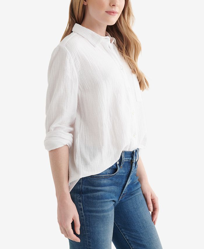 Camicia Donna Lucky Brand A Righe Relaxed Fit | Maniche Corte In Cotone Morbido | Stile Utility E Comfort Per L'estate