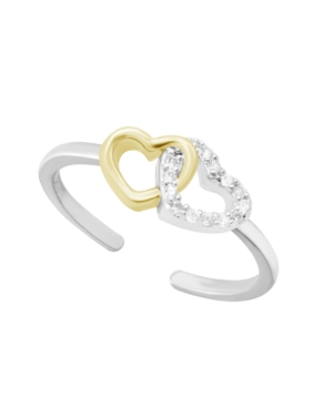 Essentials Cubic Zirconia Double Heart Toe Ring In Two Tone Silver Plate