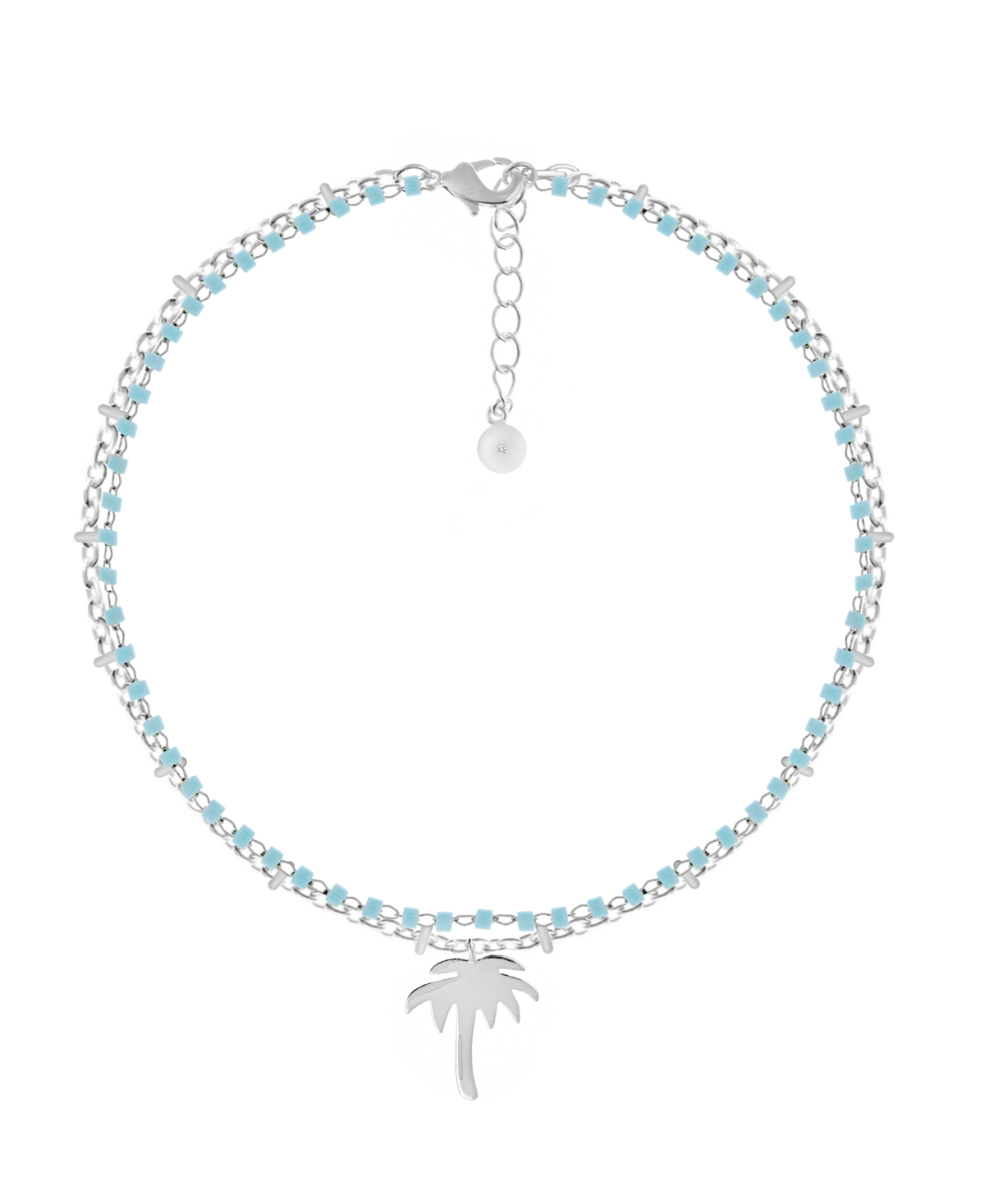 Double Row Turquoise Glass Palm Tree Anklet in Silver Plate - Silver