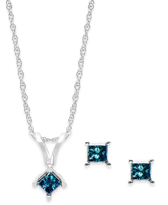 Macy's - 10k White Gold Blue Diamond Necklace and Earring Set (1/5 ct. t.w.)
