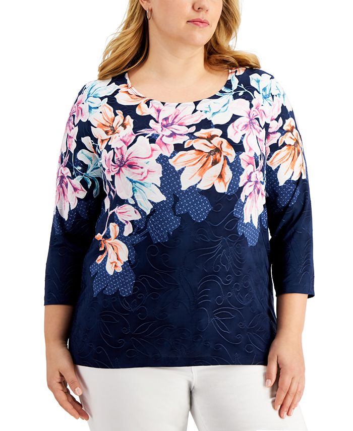 JM Collection Plus Size Jacquard Printed 3/4-Sleeve Top, Created for ...