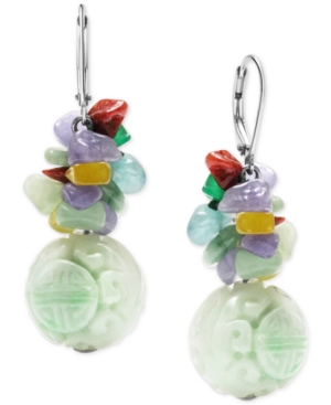 Macy's Dyed Jade Carved Bead & Dyed Multicolor Jade Chip Drop Earrings In Sterling Silver In Silver