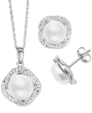 Macy's 2-pc. Set Cultured Freshwater Pearl (9mm) & White Zircon (1-1/5 Ct. T.w.) Pendant Necklace & Matchin In Silver