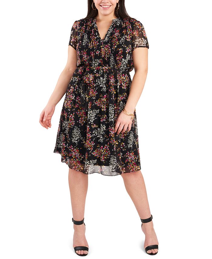 MSK Plus Size Chiffon Pin-Tucked Floral Shirtdress - Macy's