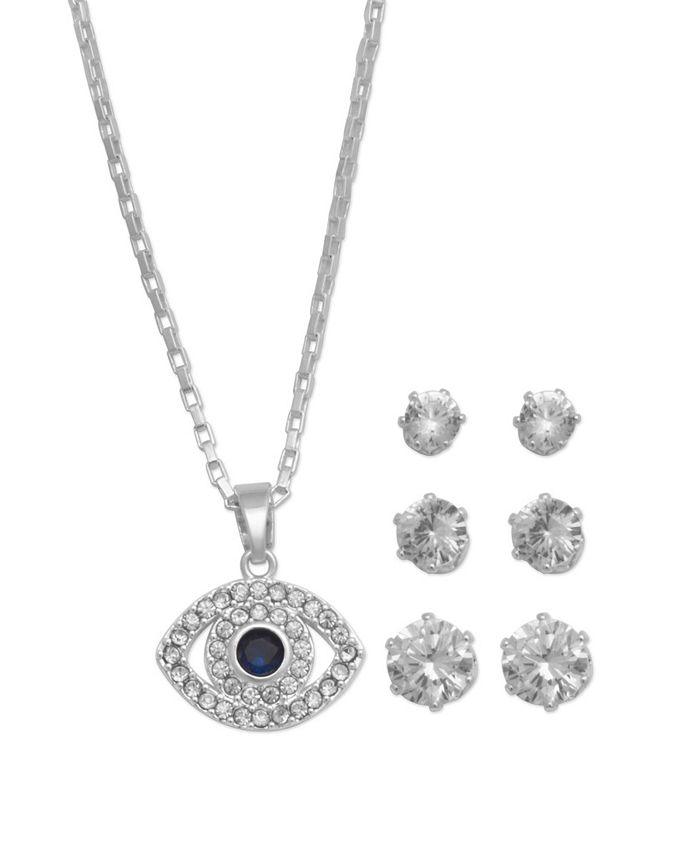 Macy's Silver Plated Cubic Zirconia Pave Evil Eye Pendant and Three