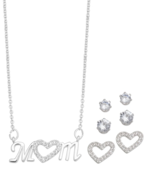 Shop Macy's Silver Plated Cubic Zirconia Pave Mom Heart Necklace With Three Piece Earring Set In Clear