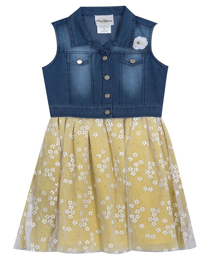 Rare Editions Toddler Girls Denim Vest Dress with Mesh Daisies, Set of