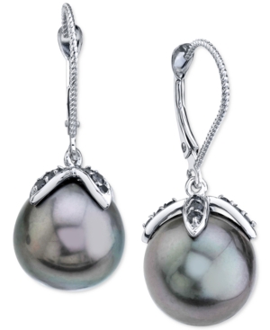 MACY'S CULTURED TAHITIAN PEARL (11MM) & BLACK DIAMOND (1/4 CT. T.W.) DROP EARRINGS IN 14K WHITE GOLD