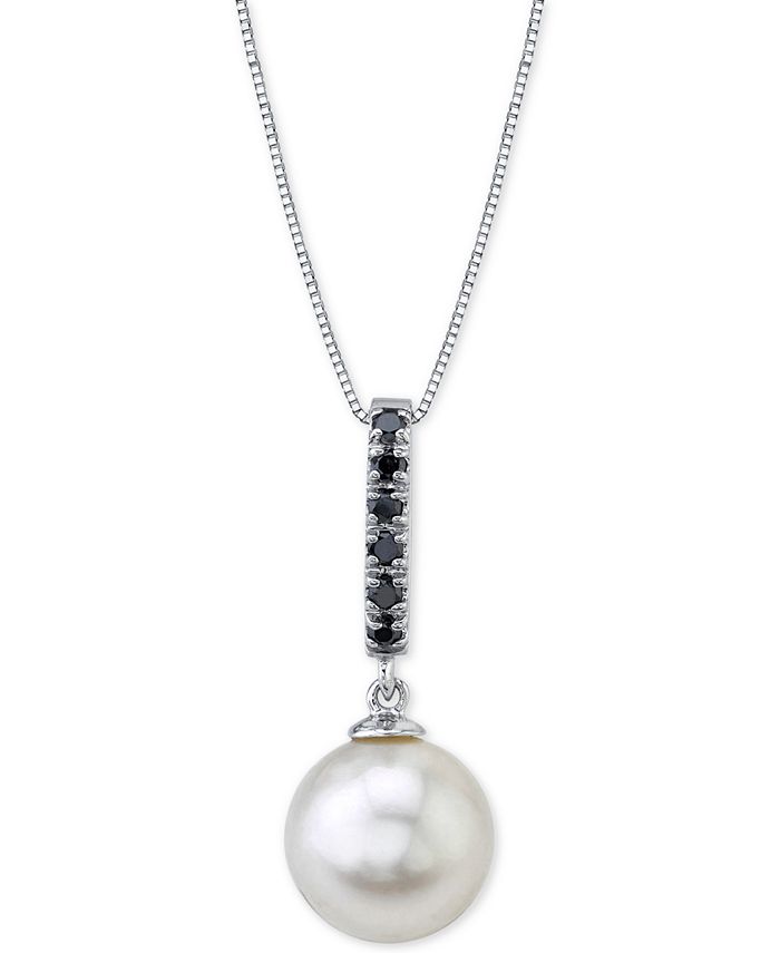 Macy's - Cultured Freshwater Pearl (10mm) & Black Diamond (1/8 ct. t.w.) 18" Pendant Necklace in 14k White Gold