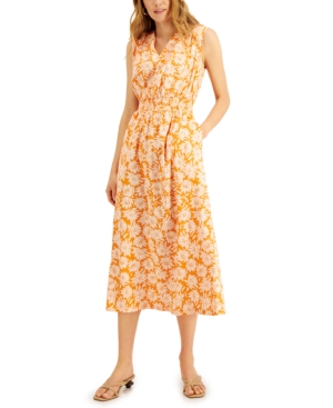 Alfani Printed Smocked-waist Midi Dress, Created For Macy's In O Floret Outline