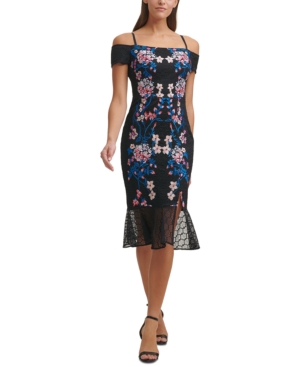 Guess Off-the-shoulder Embroidered Lace Midi Dress In Black Multi