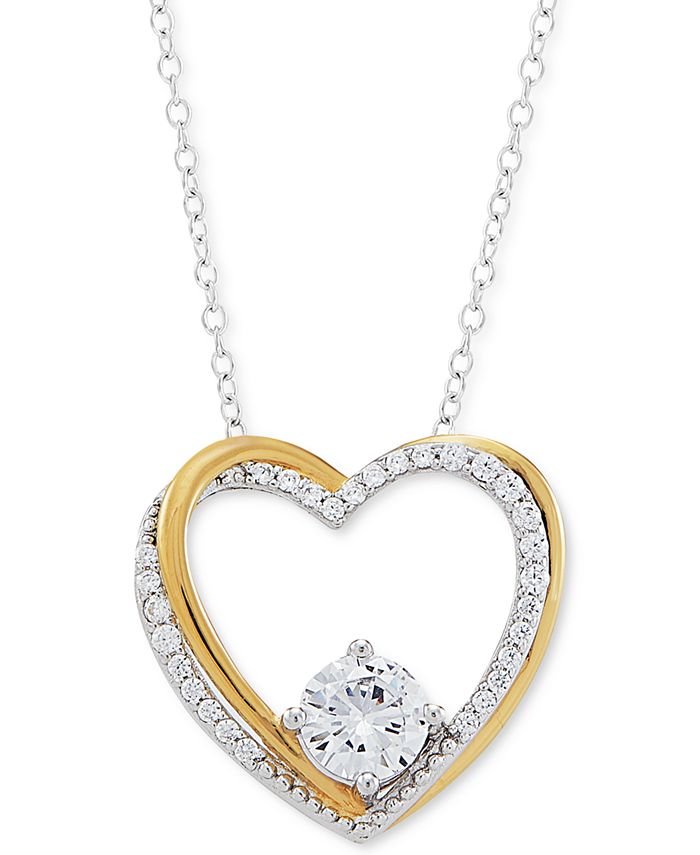 Macy's - Cubic Zirconia Heart 18" Pendant Necklace in Sterling Silver & 14k Gold-Plate