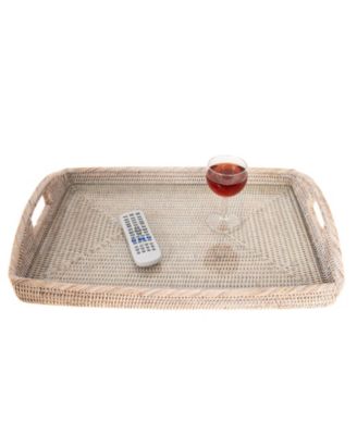 Artifacts Trading Company - Artifacts Trading Company Rattan Rectangular Tray with Glass Insert White wash