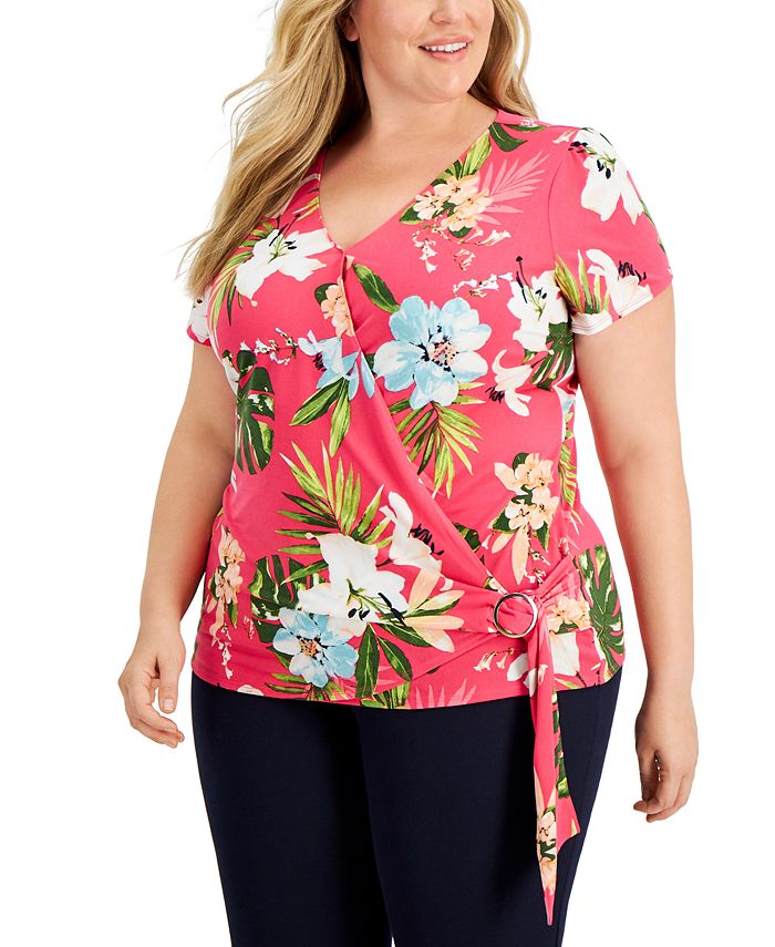 JM Collection Plus Size Printed Faux-Wrap Top, Created for Macy's ...