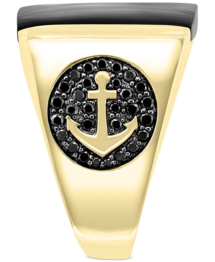 EFFY Collection - Men's Black Agate (18 x 12mm) & Black Diamond (5/8 ct. t.w.) Anchor Ring in 14k Gold