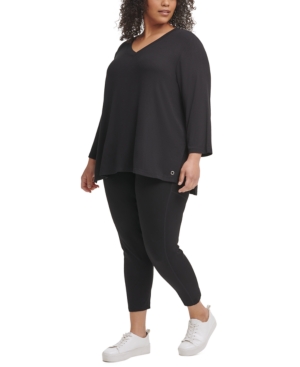 CALVIN KLEIN PERFORMANCE PLUS SIZE SOLID 3/4-SLEEVE V-NECK TOP